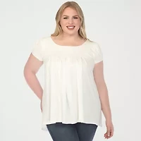 White Mark Plus Cap Sleeve Pleated Womens Boat Neck Short Tunic Top