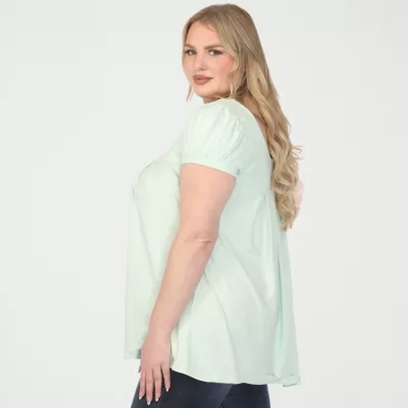 White Mark Plus Cap Sleeve Pleated Womens Boat Neck Short Tunic Top