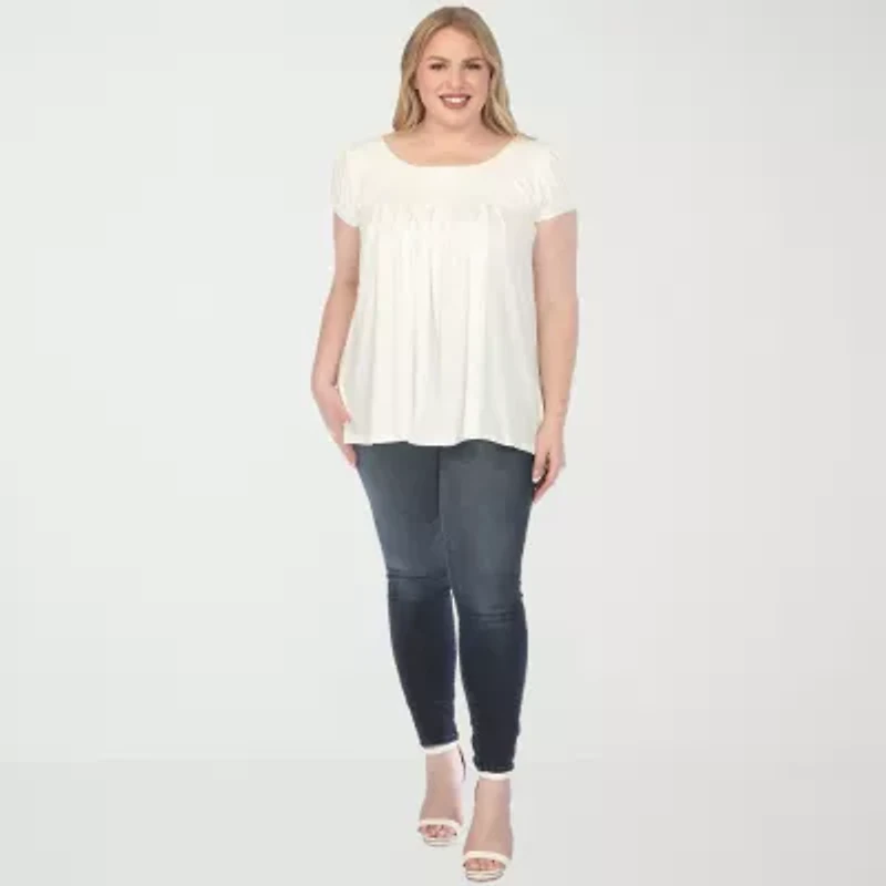 White Mark Plus Cap Sleeve Pleated Womens Boat Neck Short Tunic Top