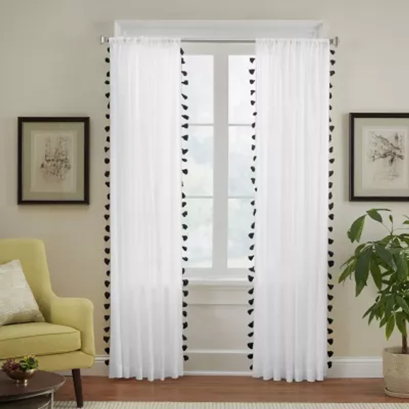 Elrene Home Fashions Bianca Tassle 100% Cotton Rod Pocket Embellished Light-Filtering Single Curtain Panel