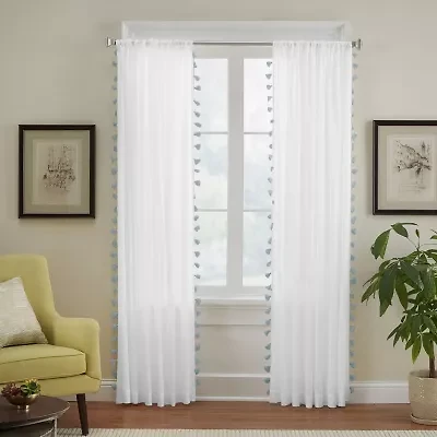 Elrene Home Fashions Bianca Tassle 100% Cotton Rod Pocket Embellished Light-Filtering Single Curtain Panel