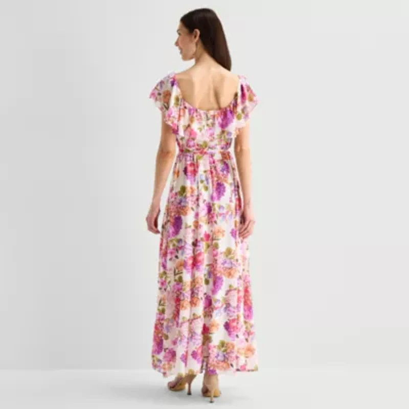 Melonie T Womens Square Neck Short Sleeve Ruffled Maxi Dress