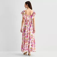 Melonie T Womens Square Neck Short Sleeve Ruffled Maxi Dress