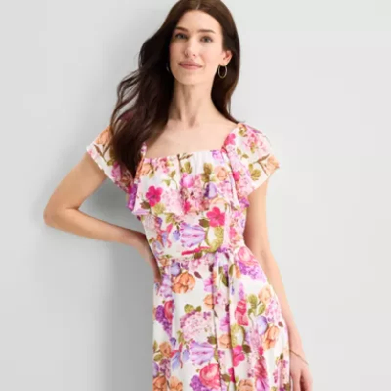 Melonie T Womens Square Neck Short Sleeve Ruffled Maxi Dress
