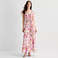 Melonie T Womens Square Neck Short Sleeve Ruffled Maxi Dress