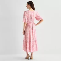 Melonie T Womens V Neck Short Sleeve Puffed Maxi Dress