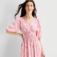 Melonie T Womens V Neck Short Sleeve Puffed Maxi Dress