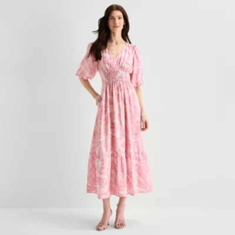 Melonie T Womens V Neck Short Sleeve Puffed Maxi Dress