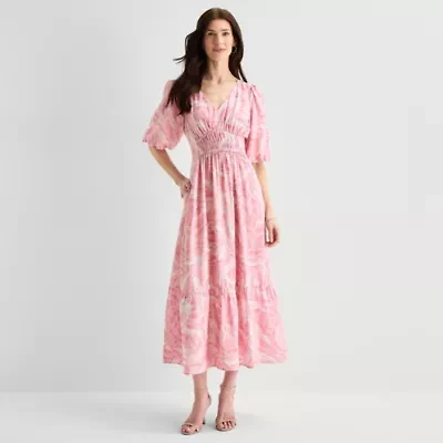 Melonie T Womens V Neck Short Sleeve Puffed Maxi Dress