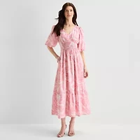 Melonie T Womens V Neck Short Sleeve Puffed Maxi Dress