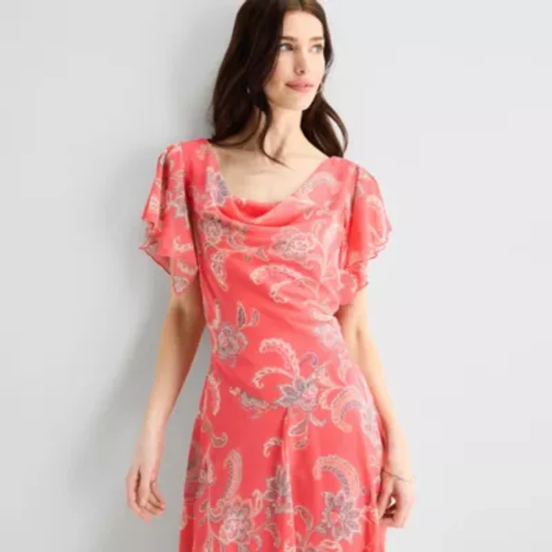 Robbie Bee Womens Short Sleeve Paisley Midi Fit + Flare Dress