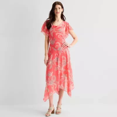 Robbie Bee Womens Short Sleeve Paisley Midi Fit + Flare Dress