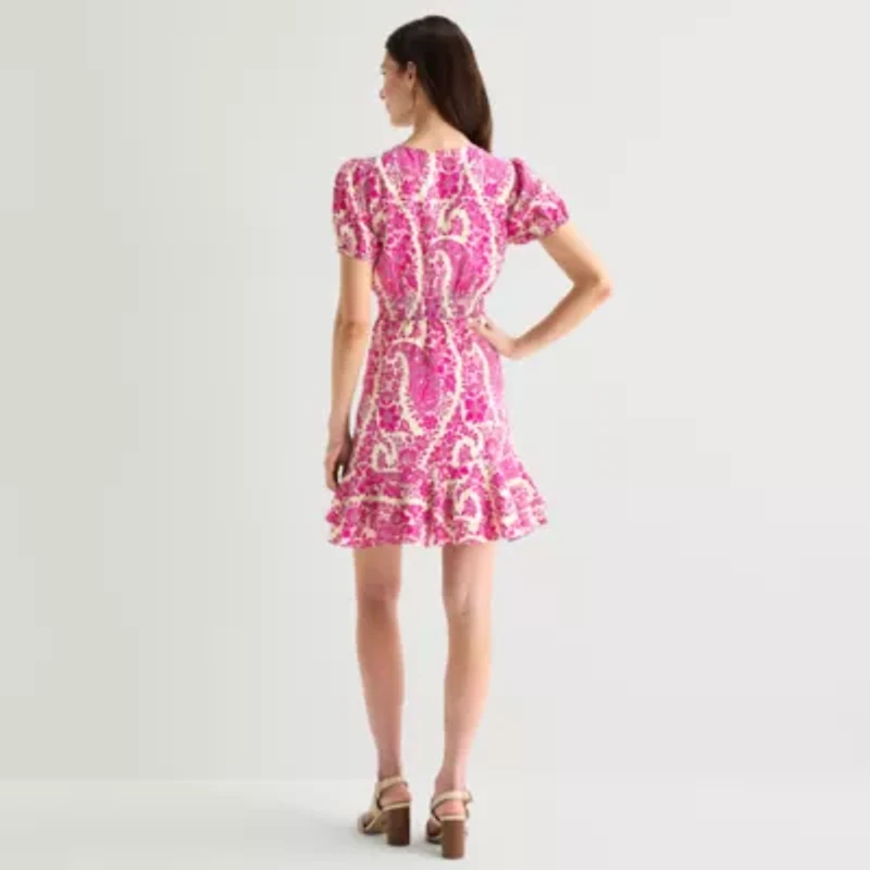 Melonie T Womens V Neck Short Sleeve Puffed Paisley Fit + Flare Dress