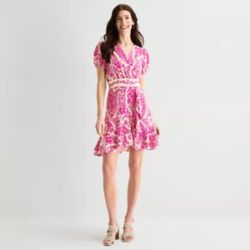 Melonie T Womens V Neck Short Sleeve Puffed Paisley Fit + Flare Dress
