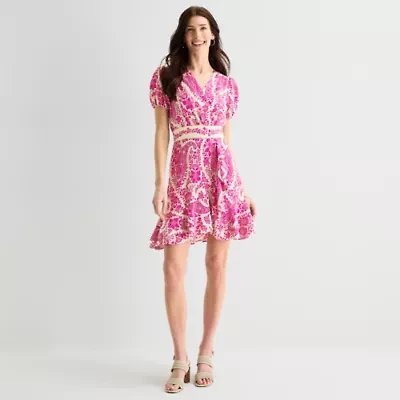 Melonie T Womens V Neck Short Sleeve Puffed Paisley Fit + Flare Dress