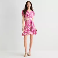 Melonie T Womens V Neck Short Sleeve Puffed Paisley Fit + Flare Dress