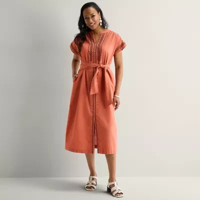 Liz Claiborne Womens Midi V Neck Short Sleeve A-Line Dress