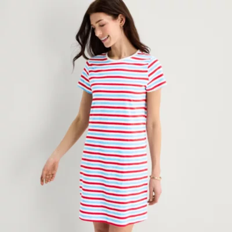 St. John's Bay Womens Petite Short Sleeve Striped T-Shirt Dress