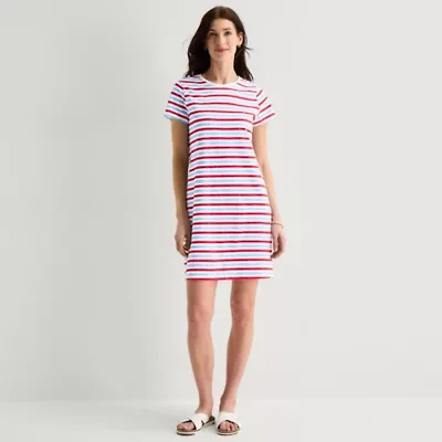 St. John's Bay Womens Petite Short Sleeve Striped T-Shirt Dress