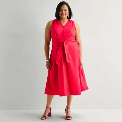 Liz Claiborne Womens Plus Sleeveless Midi A-Line Dress