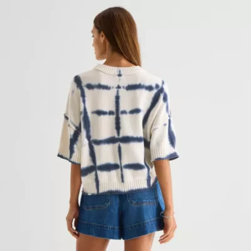 a.n.a Womens Crew Neck Short Sleeve Striped Pullover Sweater