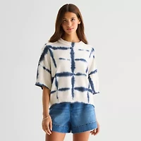 a.n.a Womens Crew Neck Short Sleeve Striped Pullover Sweater