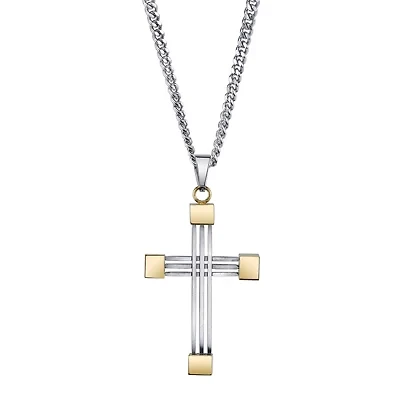 Mens Stainless Steel and Yellow IP Cross Pendant Necklace