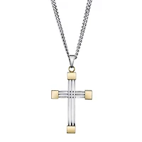 Mens Stainless Steel and Yellow IP Cross Pendant Necklace