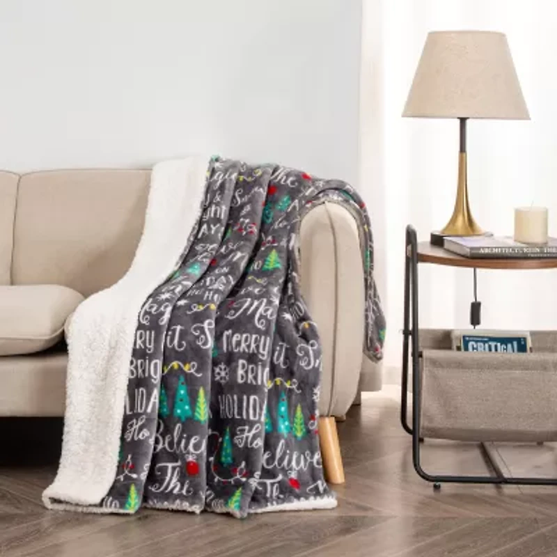 Linery Printed Velvet Sherpa Washable Reversible Midweight Throw