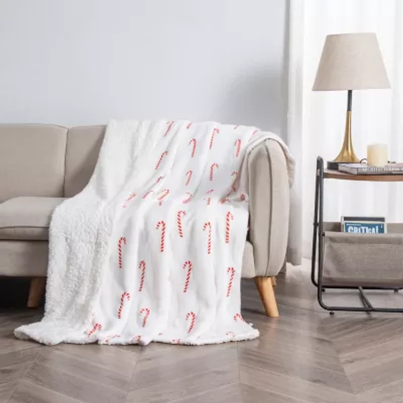 Linery Velvet Plush Sherpa Holiday Print Washable Reversible Midweight Throw