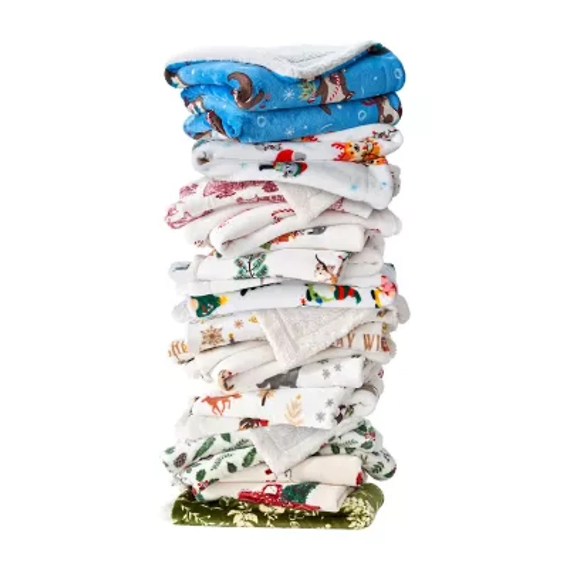 Linery Velvet Plush Sherpa Holiday Print Washable Reversible Midweight Throw
