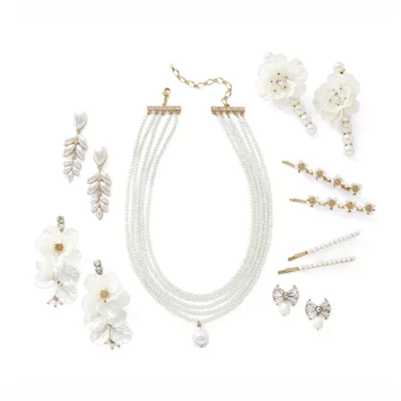 Bijoux Bar Gold Tone Womens White Glass Simulated Pearl Drop Earrings