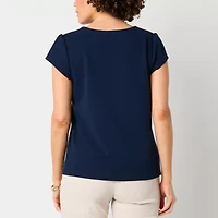 Liz Claiborne Womens Split Crew Neck Short Sleeve Blouse