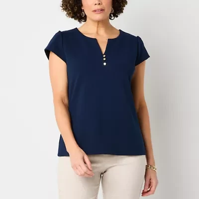 Liz Claiborne Womens Split Crew Neck Short Sleeve Blouse