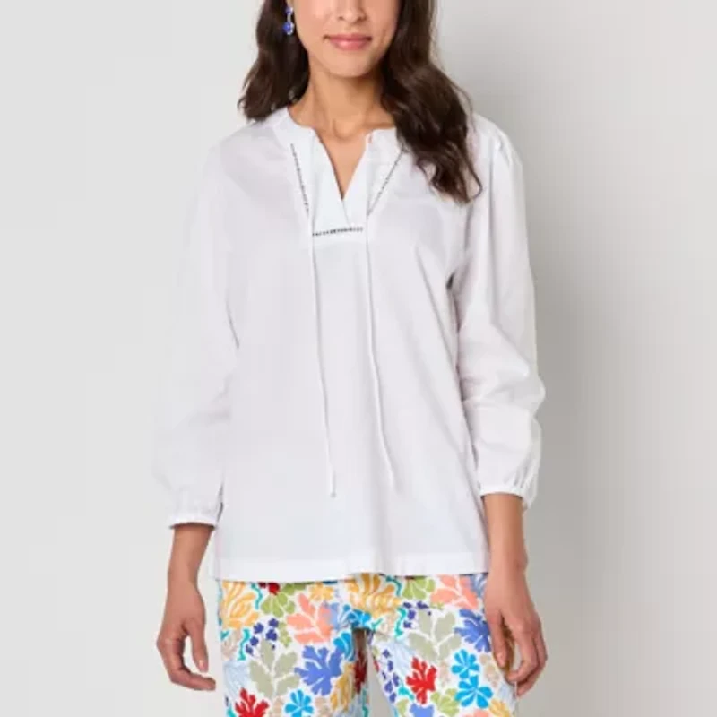 St. John's Bay Womens Split Tie Neck Long Sleeve Blouse