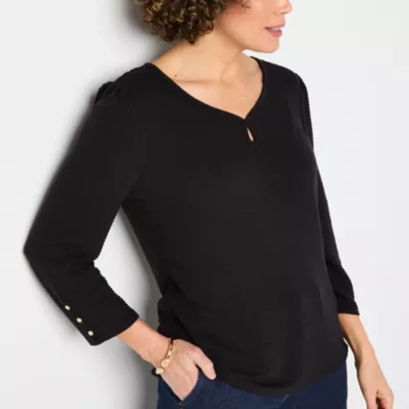 Liz Claiborne Womens Keyhole Neck 3/4 Sleeve Blouse