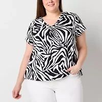 Liz Claiborne Womens Plus V Neck Short Sleeve Blouse
