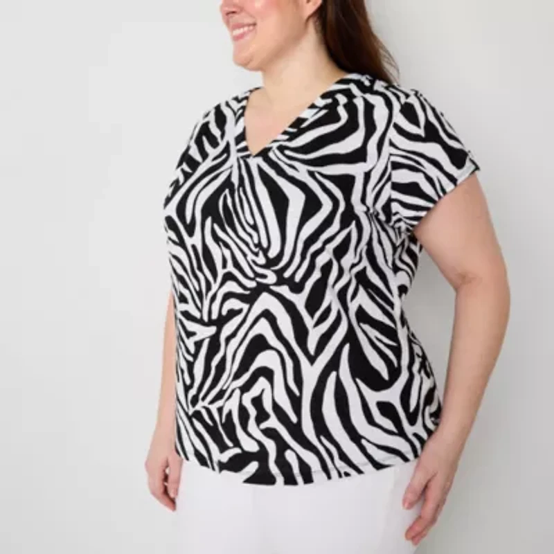 Liz Claiborne Womens Plus V Neck Short Sleeve Blouse