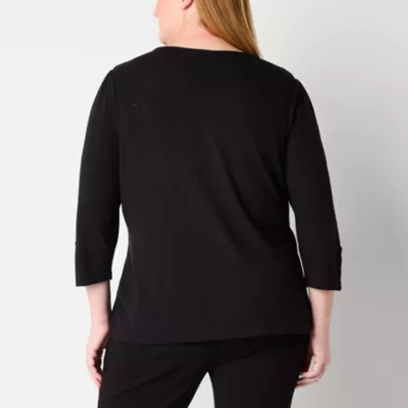 Liz Claiborne Womens Keyhole Neck 3/4 Sleeve Plus Blouse