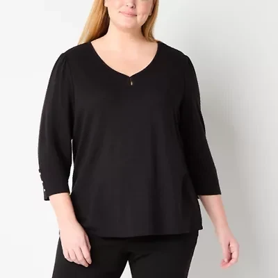 Liz Claiborne Womens Keyhole Neck 3/4 Sleeve Plus Blouse