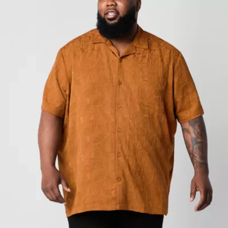 Shaquille O'Neal XLG Jacquard Camp Mens Short Sleeve Regular Fit Big and Tall Button-Down Shirt