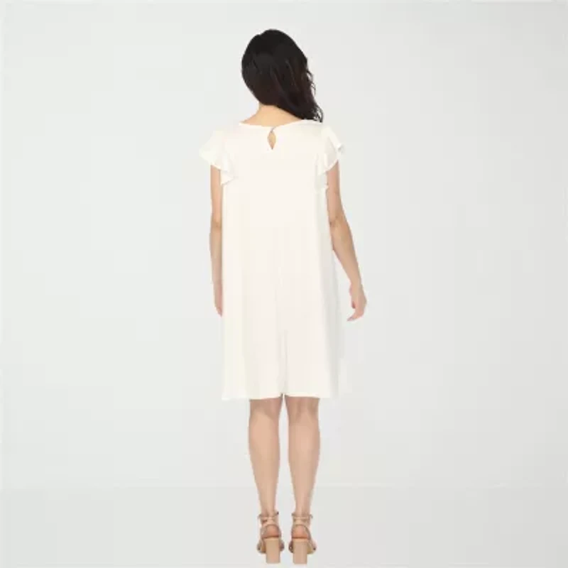 White Mark Crew Neck Ruffle Sleeve Womens Short Shift Dress