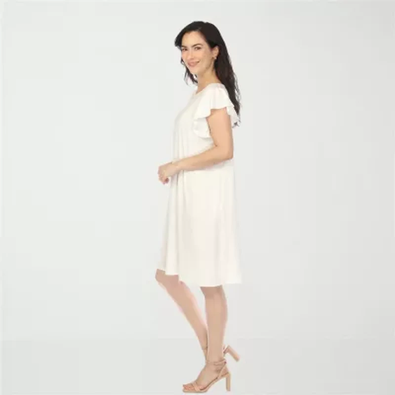 White Mark Crew Neck Ruffle Sleeve Womens Short Shift Dress