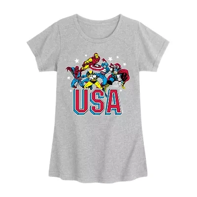 Disney Collection Little & Big Kid Girls Crew Neck Short Sleeve Regular Fit Captain America Iron Man Marvel Graphic T-Shirt