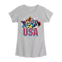Disney Collection Little & Big Kid Girls Crew Neck Short Sleeve Regular Fit Captain America Iron Man Marvel Graphic T-Shirt