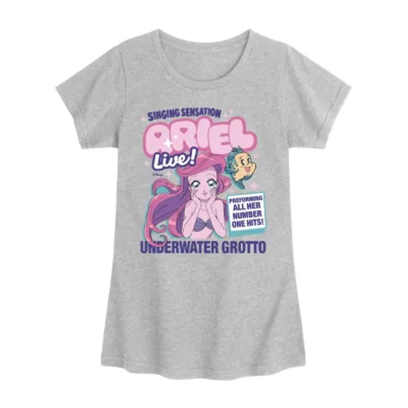 Disney Collection Little & Big Kid Girls Crew Neck Short Sleeve Regular Fit Ariel Princess Graphic T-Shirt