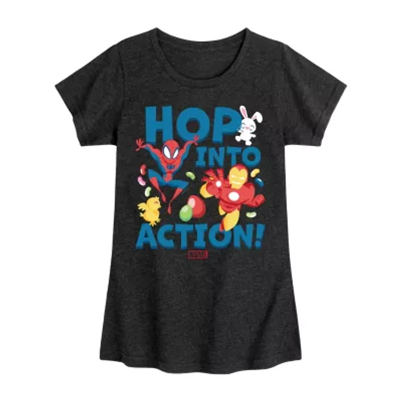 Disney Collection Little & Big Kid Girls Crew Neck Short Sleeve Regular Fit Iron Man Spiderman Graphic T-Shirt