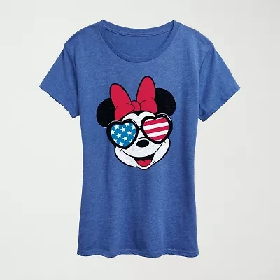 Minnie Flag Glasses Womens Crew Neck Short Sleeve Classic Fit Mouse Graphic T-Shirt