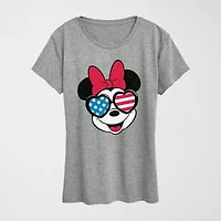 Minnie Flag Glasses Womens Crew Neck Short Sleeve Classic Fit Mouse Graphic T-Shirt