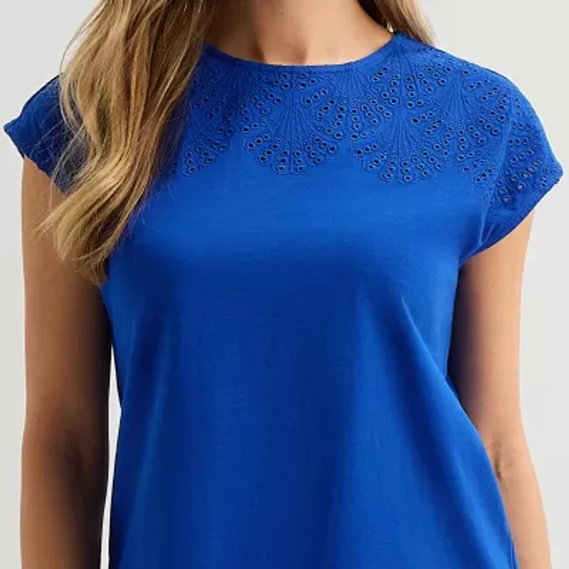 Liz Claiborne Womens Crew Neck Short Sleeve Embroidered Blouse